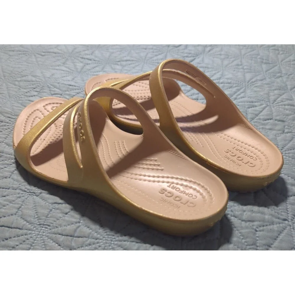 Crocs Kadee II Strappy Sandals Metallic Gold Slides Women's Sz 8 Ionic Comfort